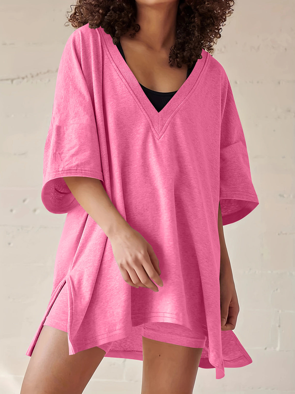 Women’s cotton short-sleeve top and shorts set, bright pink v-neck with matching shorts