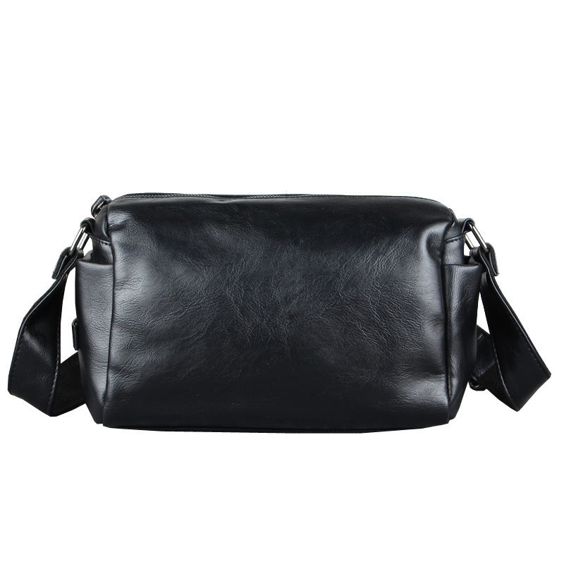 Mens Korean Style Casual Shoulder Messenger Bag Black PU Leather with Soft Inner Lining Front Pocket and Single Strap