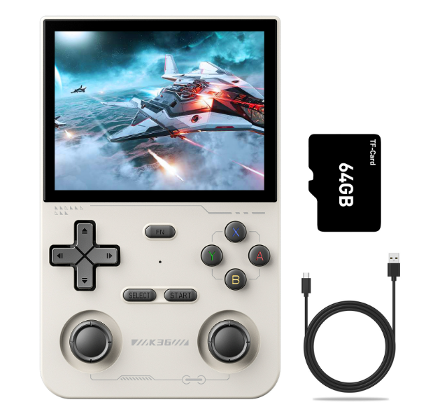 Retro handheld game console in white with 3.5-inch IPS screen and USB cable.