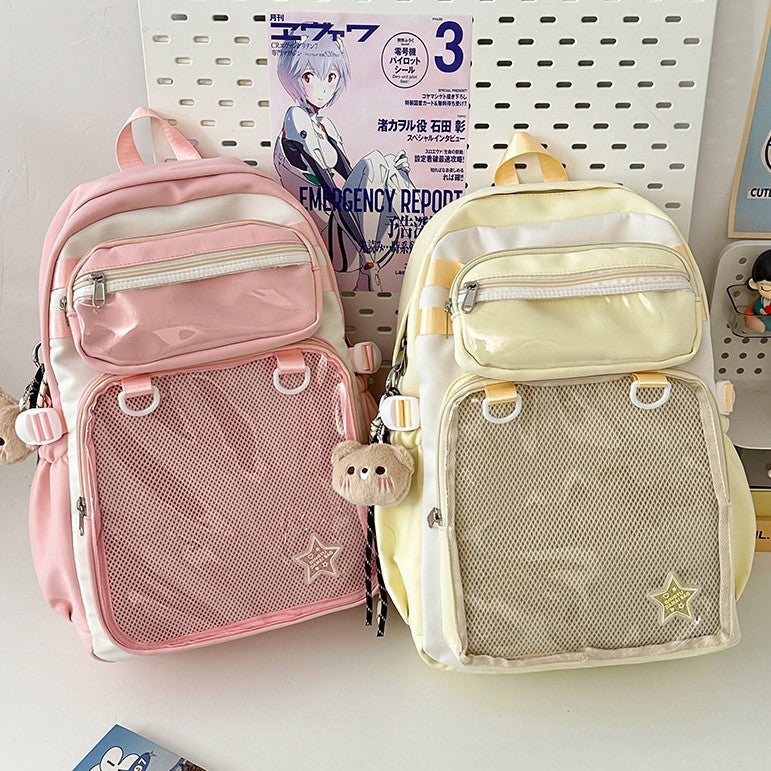 Large capacity pink and yellow nylon backpacks with mesh panel and star patch front