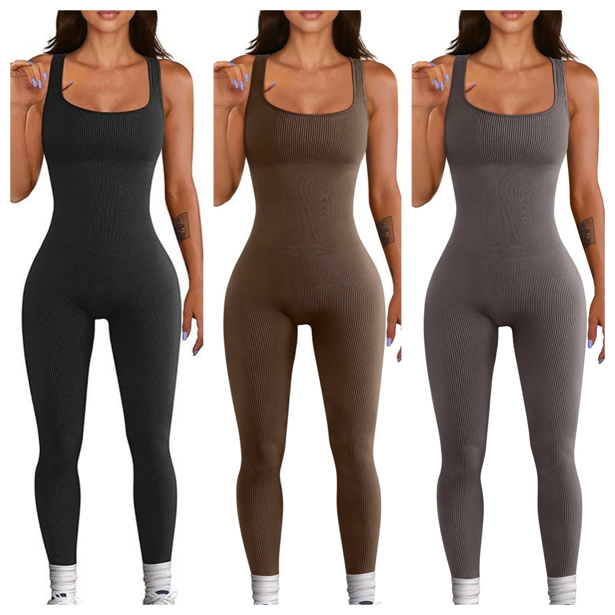 Black, coffee brown, and grey sleeveless spandex workout bodysuits, fitted one-piece tanks.