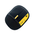 Pet hair removal grooming glove, black mesh with yellow panel and long strap