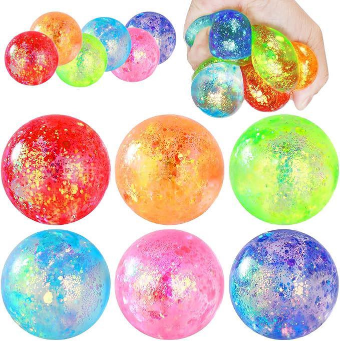 Six multicolor glitter squeeze stress balls, round stress toy balls