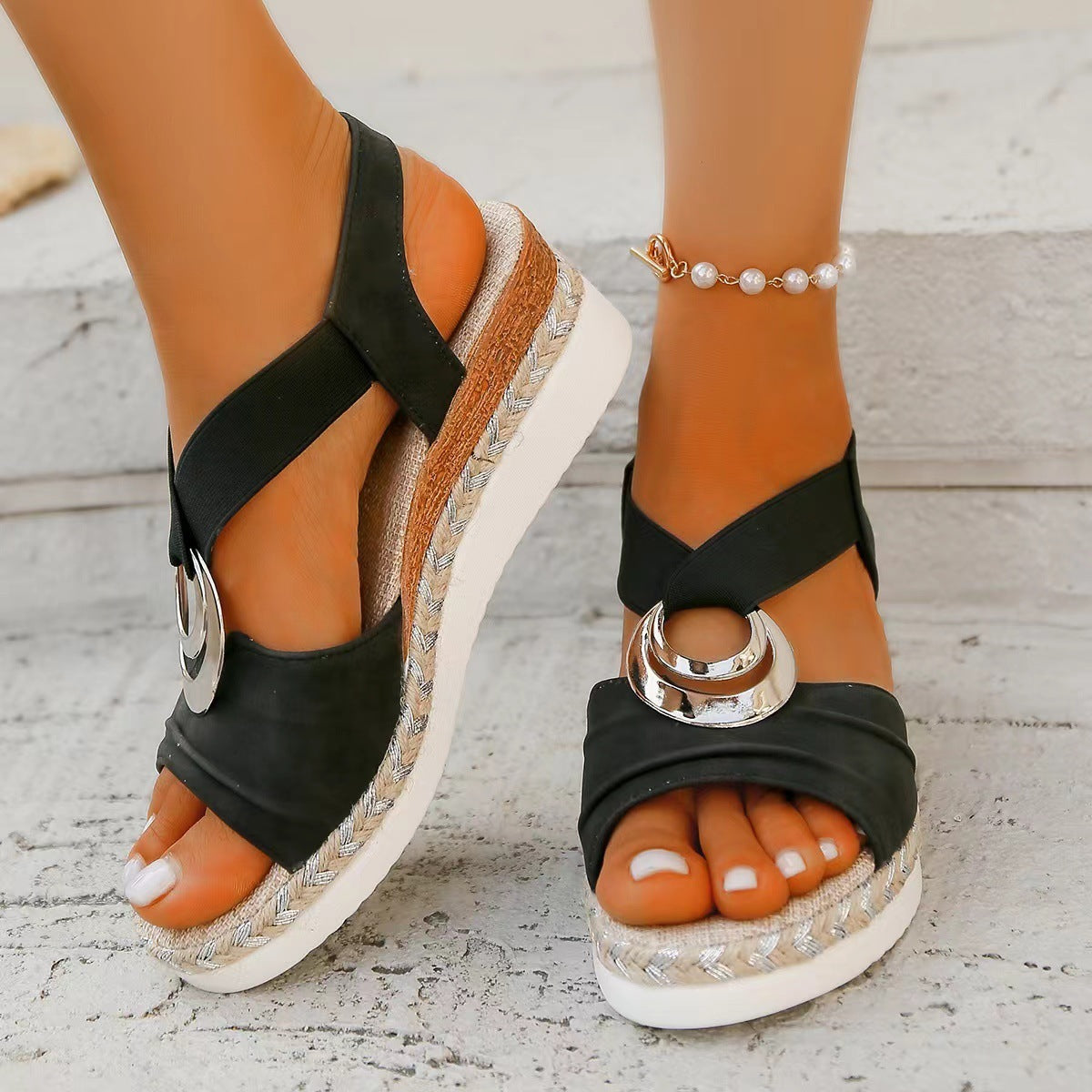 Plus Size Hemp Rope Wedge Sandals with Metal Buckle