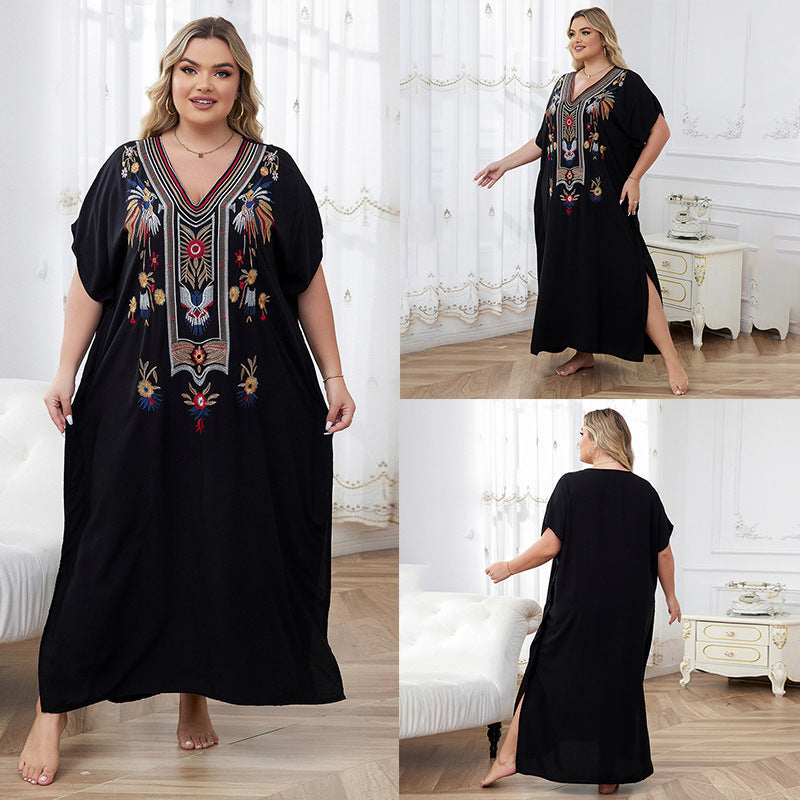 Outerwear Cover-up Rayon Embroidery Plus Size Long Dress Women