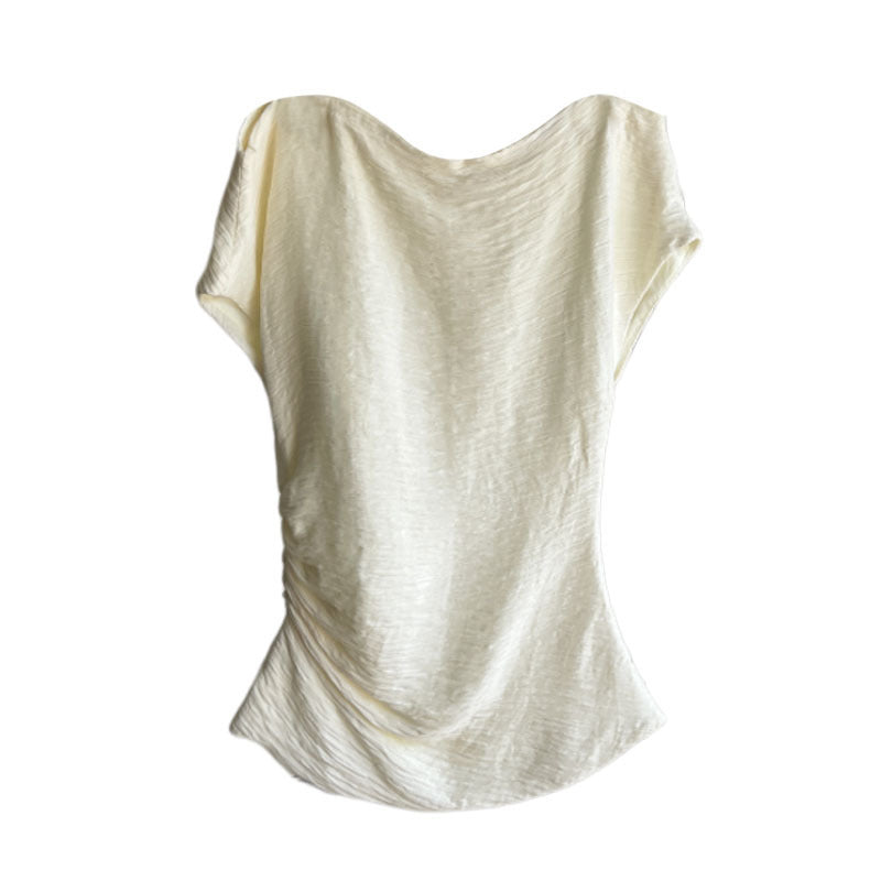 Women's Slimming Pleated Off-Shoulder Top - Oblique Design Blouse