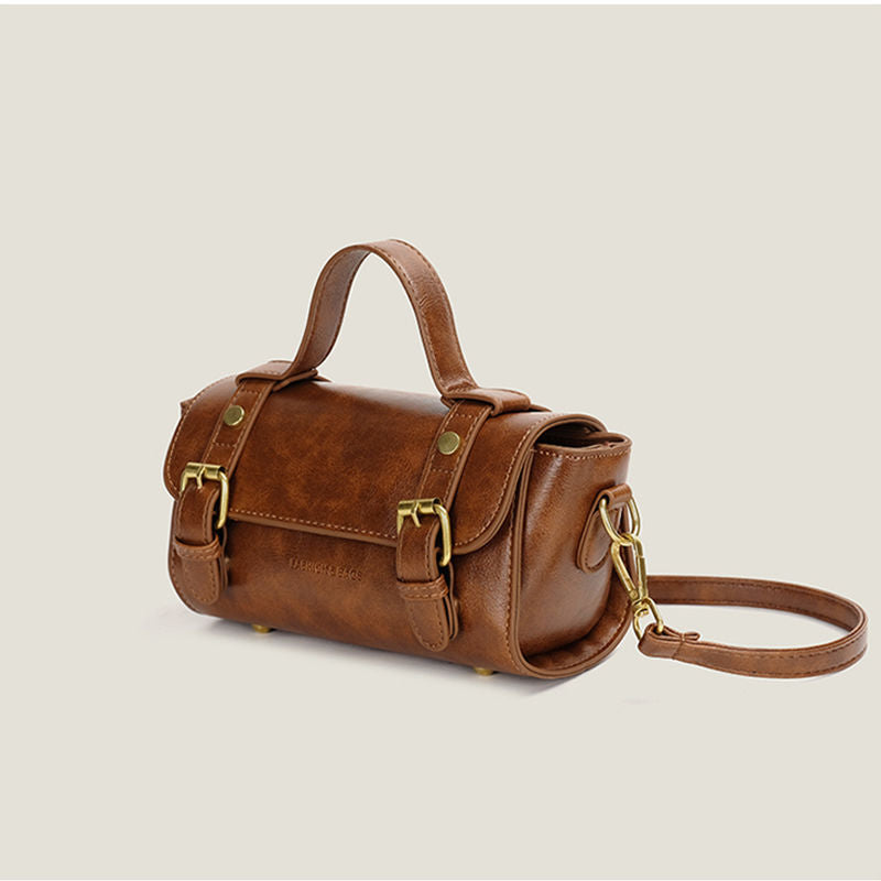 Fashion Retro Round PU Leather Bag With Advanced Texture Cylindrical Urban Style For Daily Use Brown Black White