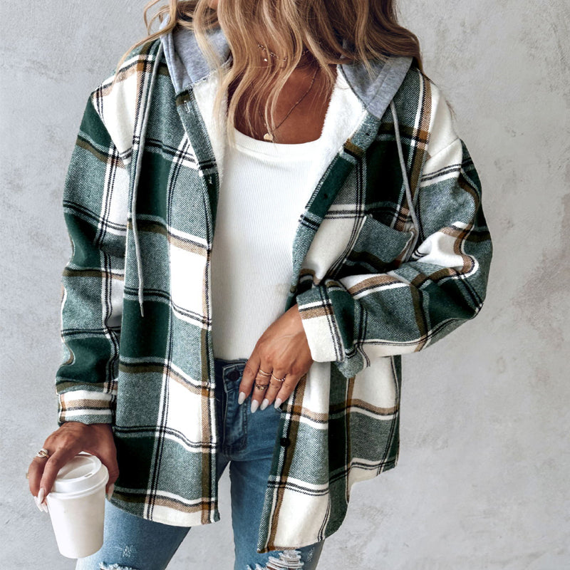 Women’s plaid hooded jacket, green/white, front buttons, side pockets