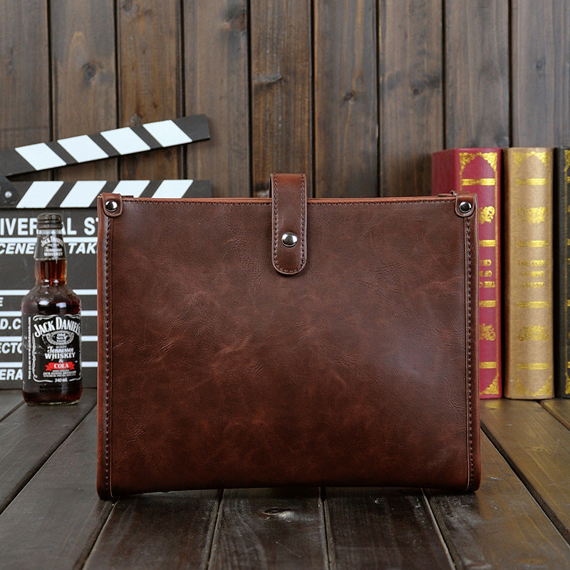 Mens Shoulder Messenger Bag Korean Style Casual Horizontal Retro PU Leather Brown 28 Inch Length