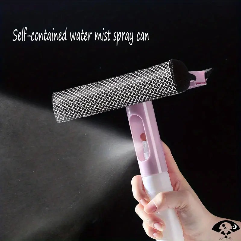 Self-contained mist spray glass cleaner with double-sided wiper, pink handle