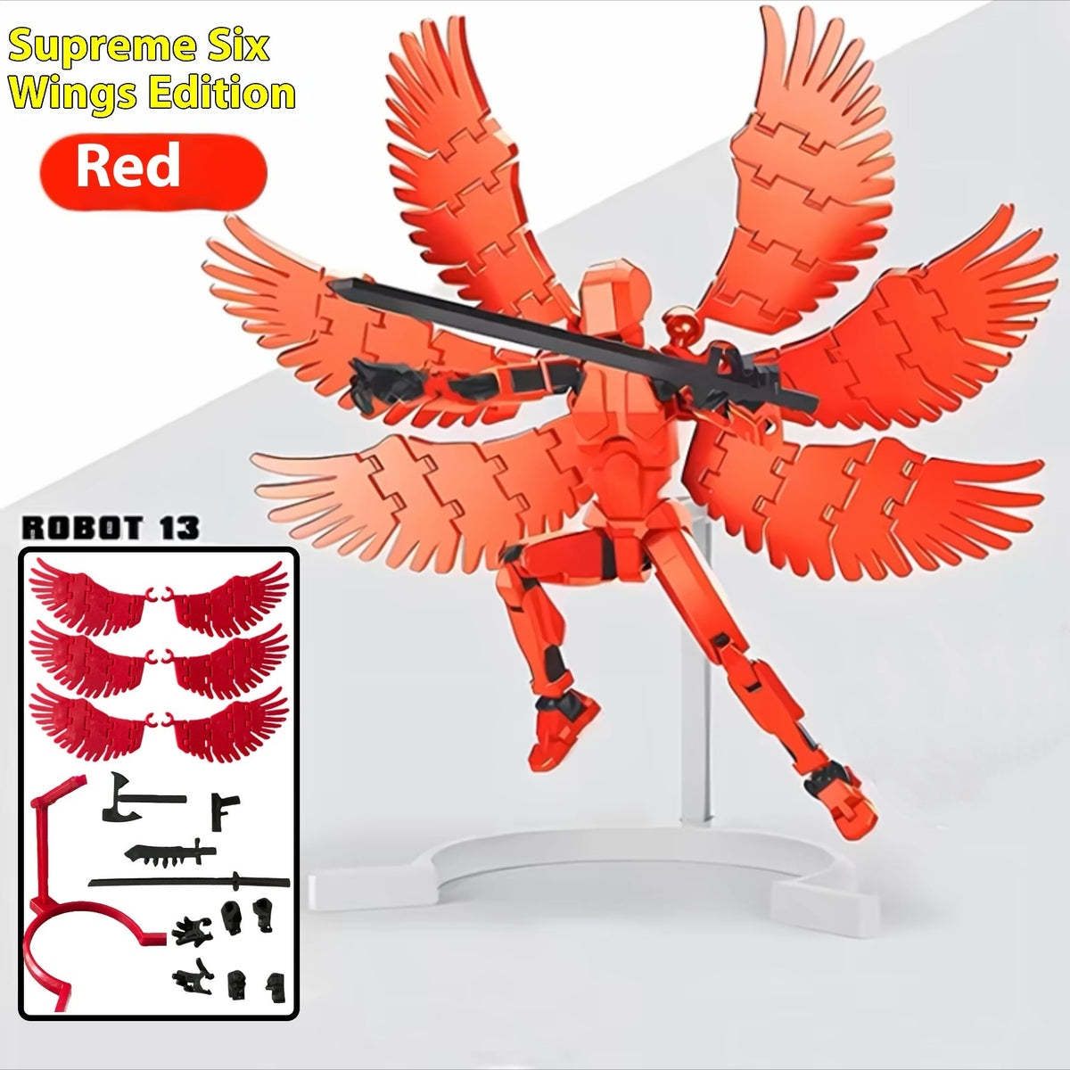 Red 3D printed robot action figure with large dual wing arrays on a stand