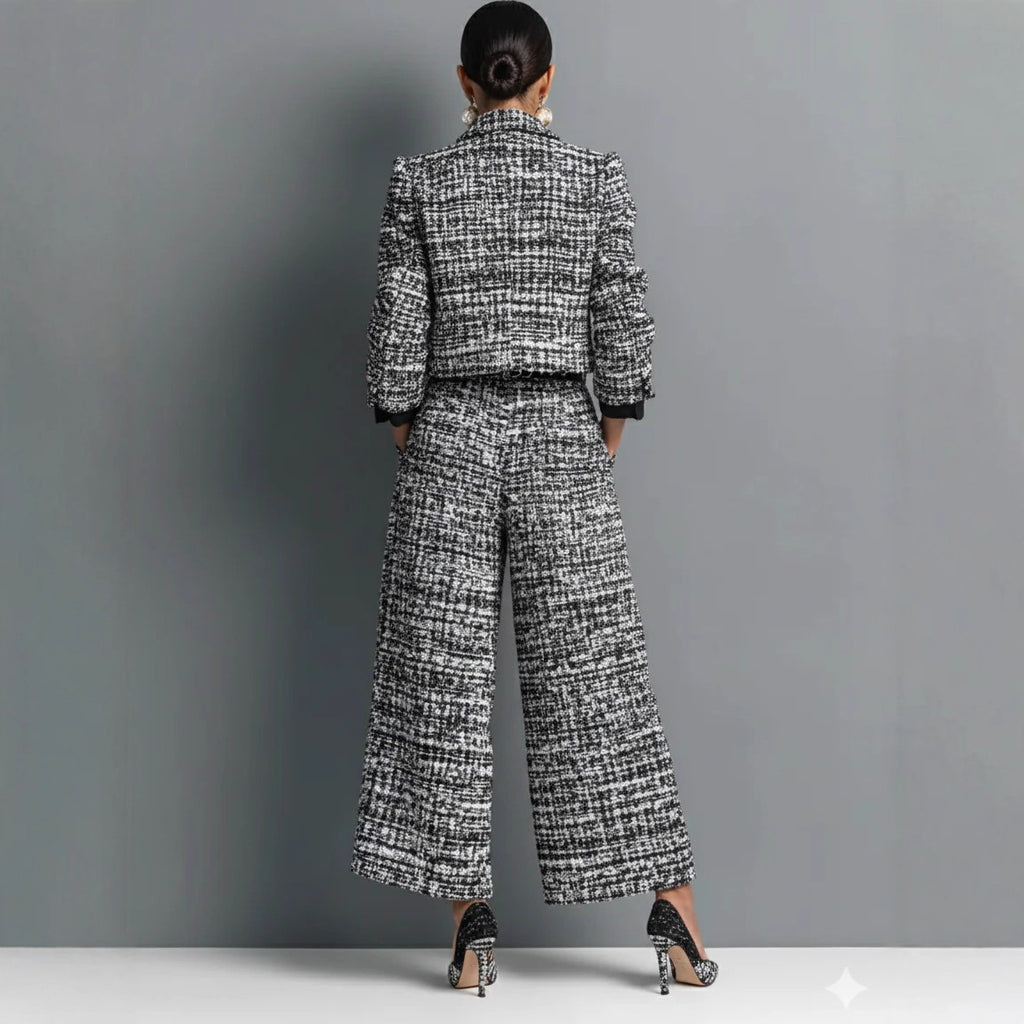 Women's silver-gray notched-lapel jacket and wide-leg pants set, back view