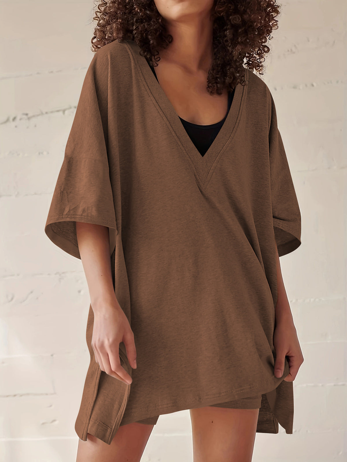 Coffee-brown cotton short sleeve top and shorts set with V-neck, loose fit