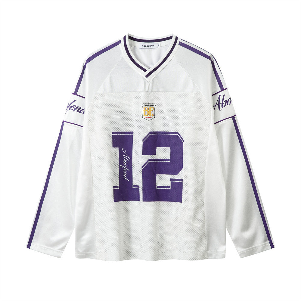 Digital Printed Long-sleeved T-shirt Jersey Contrast Color V-neck Top