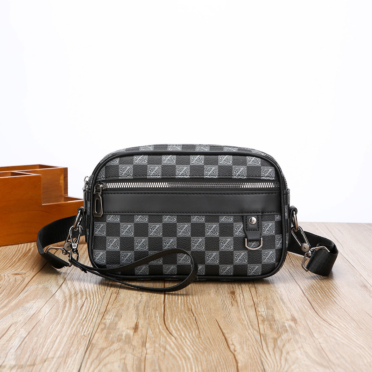 Casual Mens Horizontal Messenger Bag Large Capacity PU Leather Shoulder Bag Wear Resistant Geometric Pattern