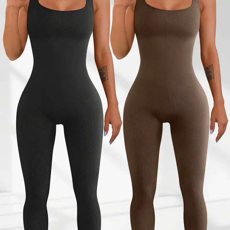 Black and coffee brown sleeveless spandex workout bodysuits, fitted one-piece tanks.