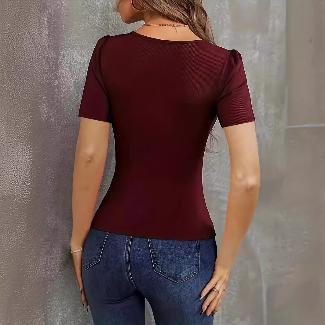 Casual Fashion Women's Knit Top Low Neck Slim Fit Short Sleeve Pullover Polyester