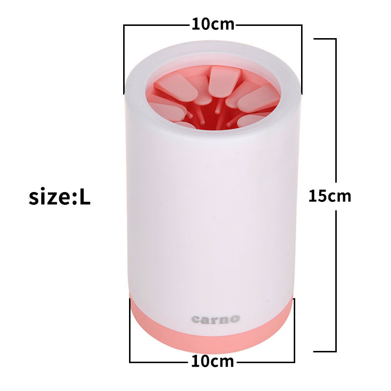 Dog paw cleaner cup (Size L) white body with pink silicone bristles, 15 cm tall
