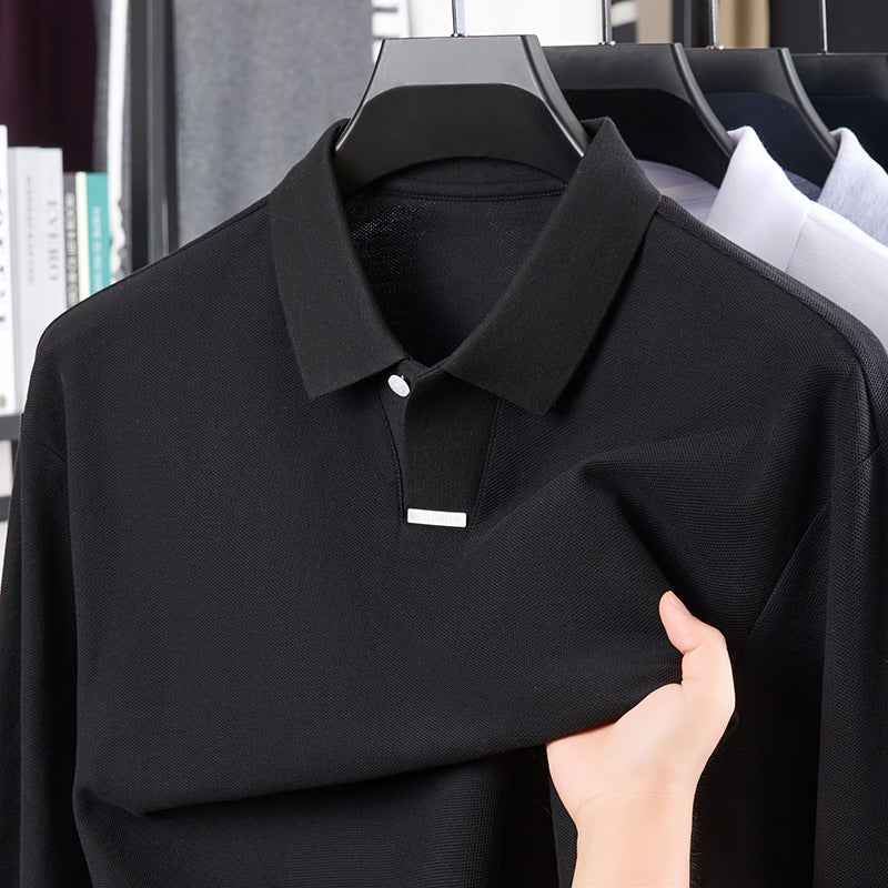 Men's Cotton Polo Shirt Loose Breathable Lapels Long Sleeve