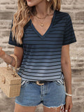 Short sleeve pullover top, V-neck knit with horizontal dark navy print bands