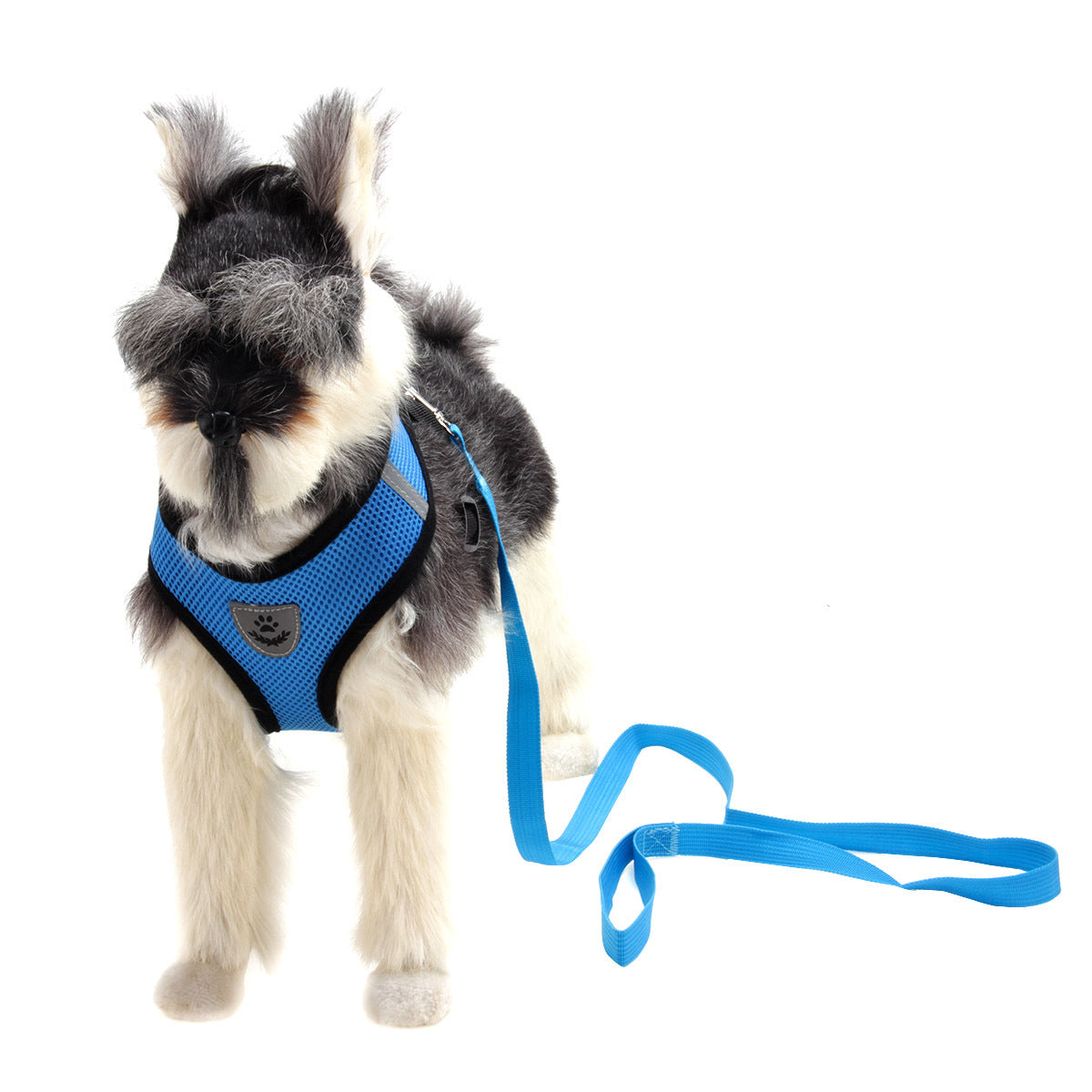 Blue breathable mesh dog harness with front straps and matching leash