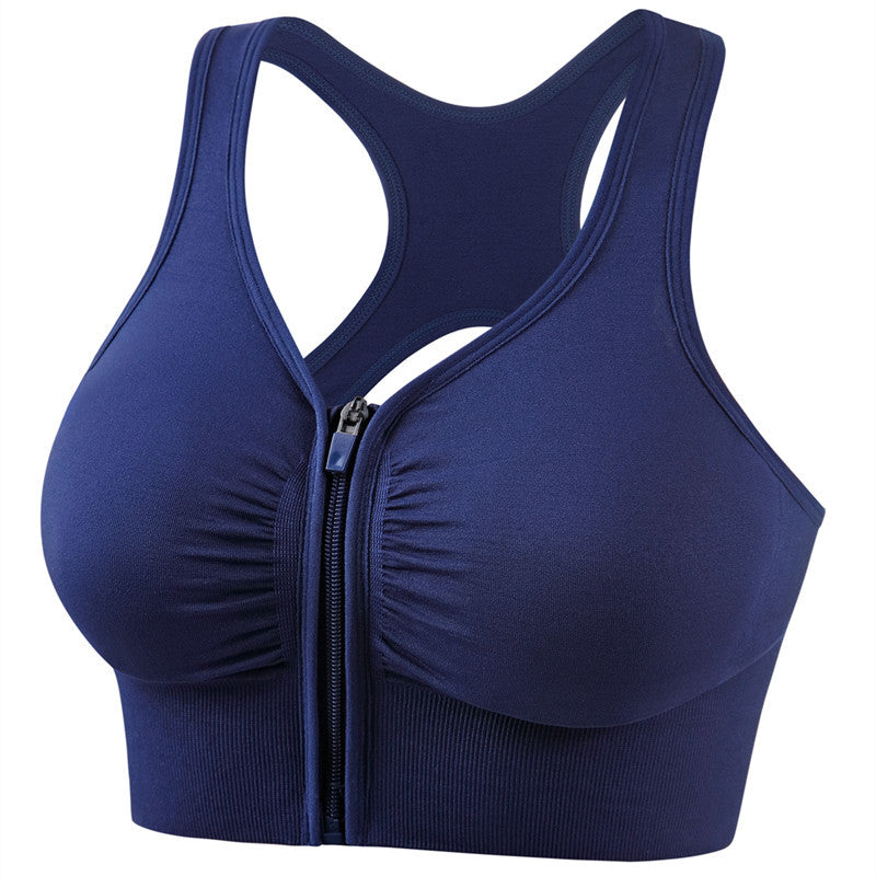 Navy blue zip-front full-cup shockproof sports bra with racerback straps