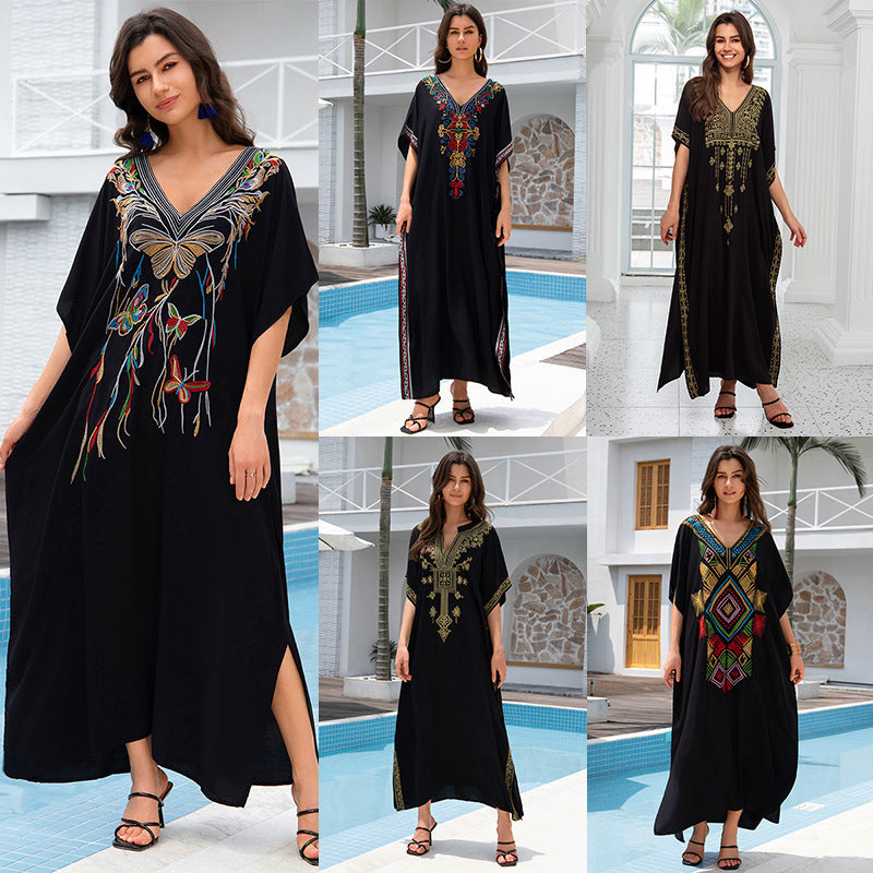 Outerwear Cover-up Rayon Embroidery Plus Size Long Dress Women