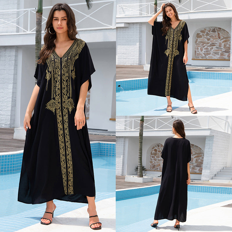 Outerwear Cover-up Rayon Embroidery Plus Size Long Dress Women