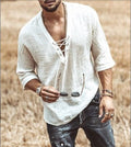 Men's V-neck lace-up linen-look shirt, light cream, short sleeves, relaxed drape
