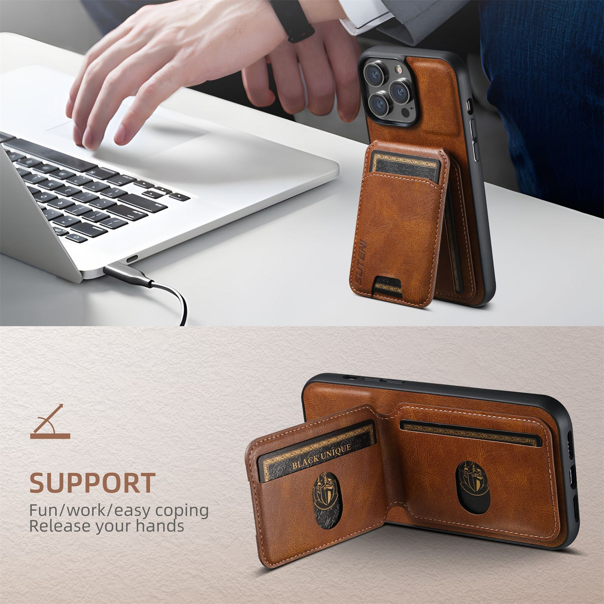 Brown leather phone case with card holder pocket featuring embossed emblem and gold trim