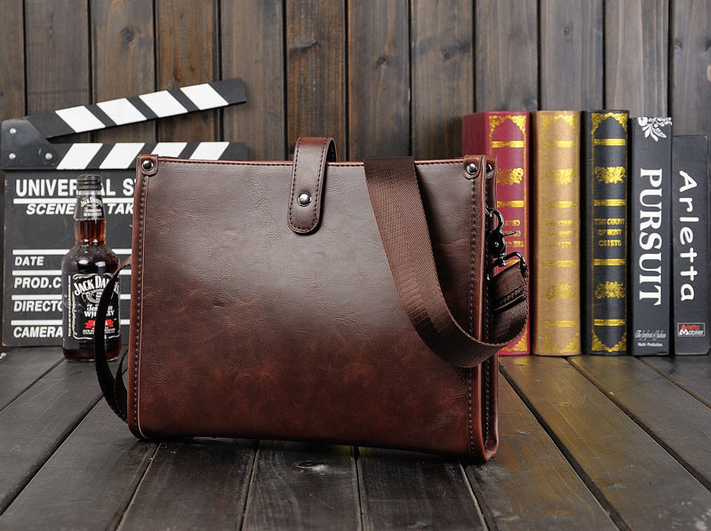 Mens Shoulder Messenger Bag Korean Style Casual Horizontal Retro PU Leather Brown 28 Inch Length