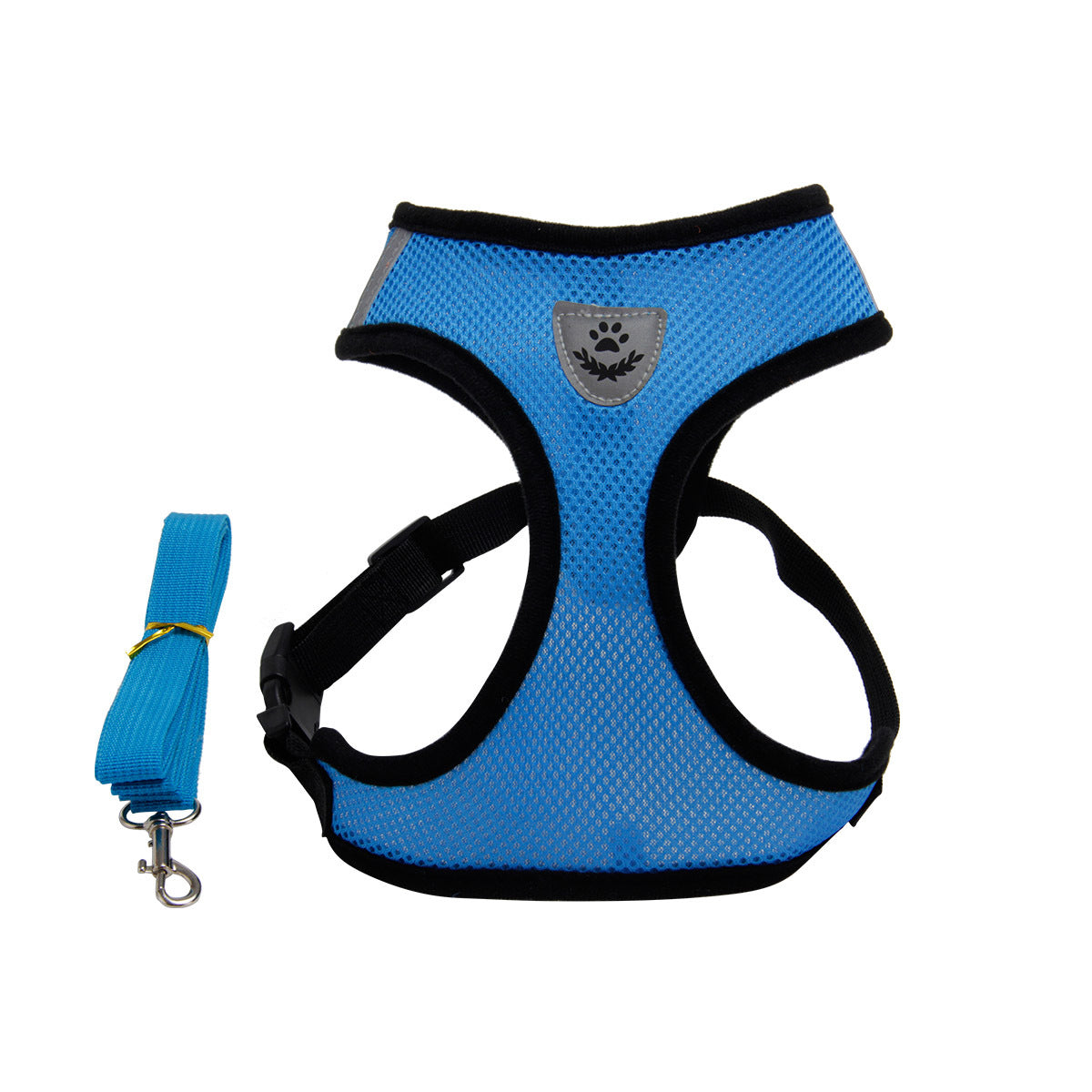 Light blue breathable mesh dog harness with paw badge and attached leash
