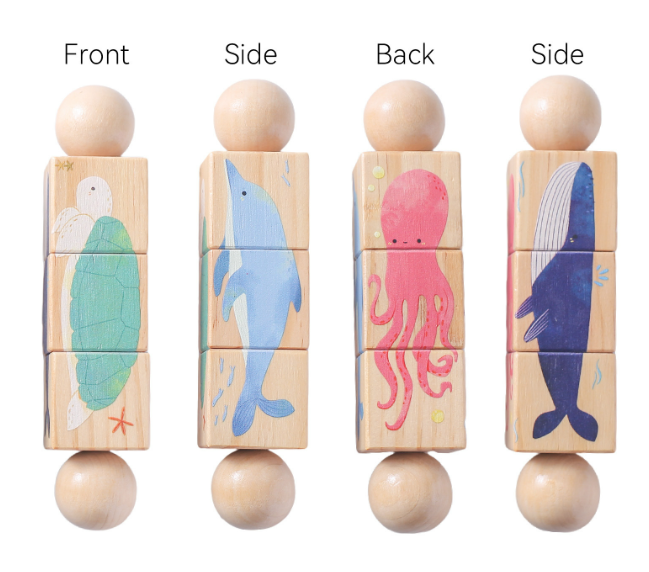 Wooden rotating animal puzzle handbell shown from front, side, back, and side