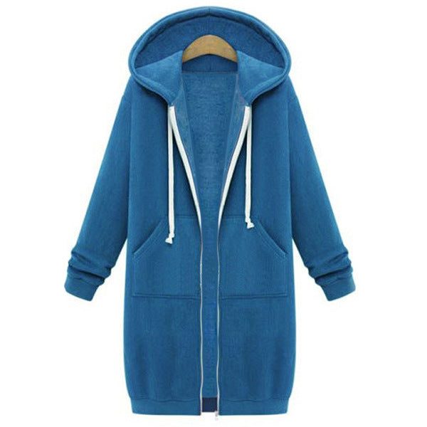 Light blue long zip-up hoodie fleece jacket with drawstring hood and front patch pockets