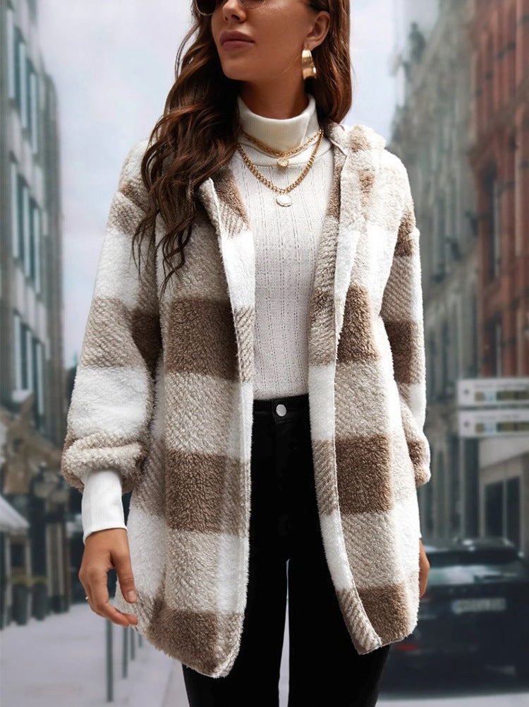 Cream and dark gray plaid knitted cardigan with open front and long sleeves