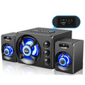 Black desktop PC speaker set with RGB LED woofers and highlighted rear input control panel