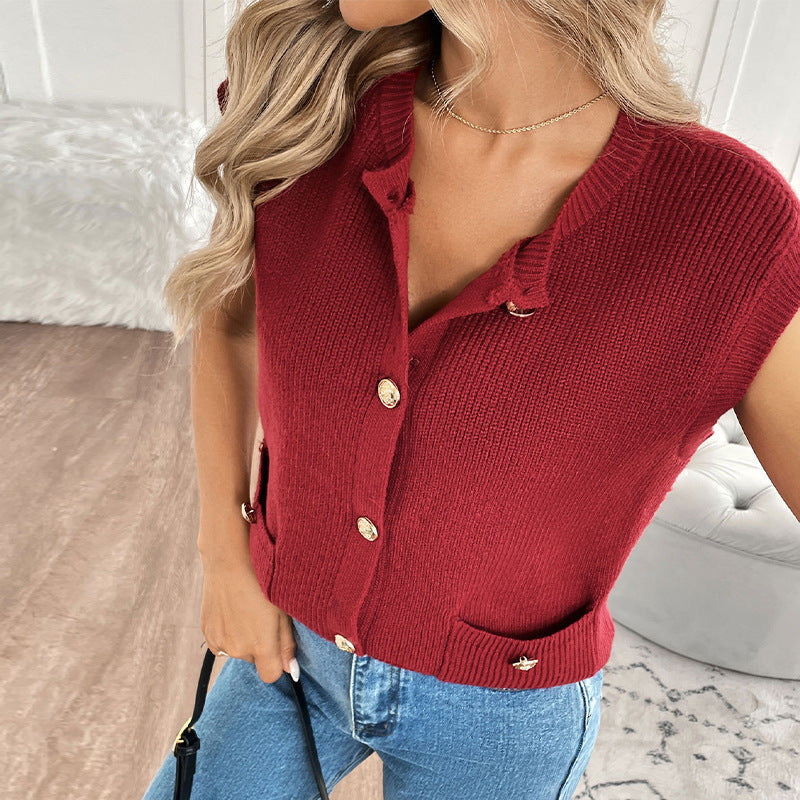 Retro College Style Knitted Cardigan - Solid Color Button-Up Sweater