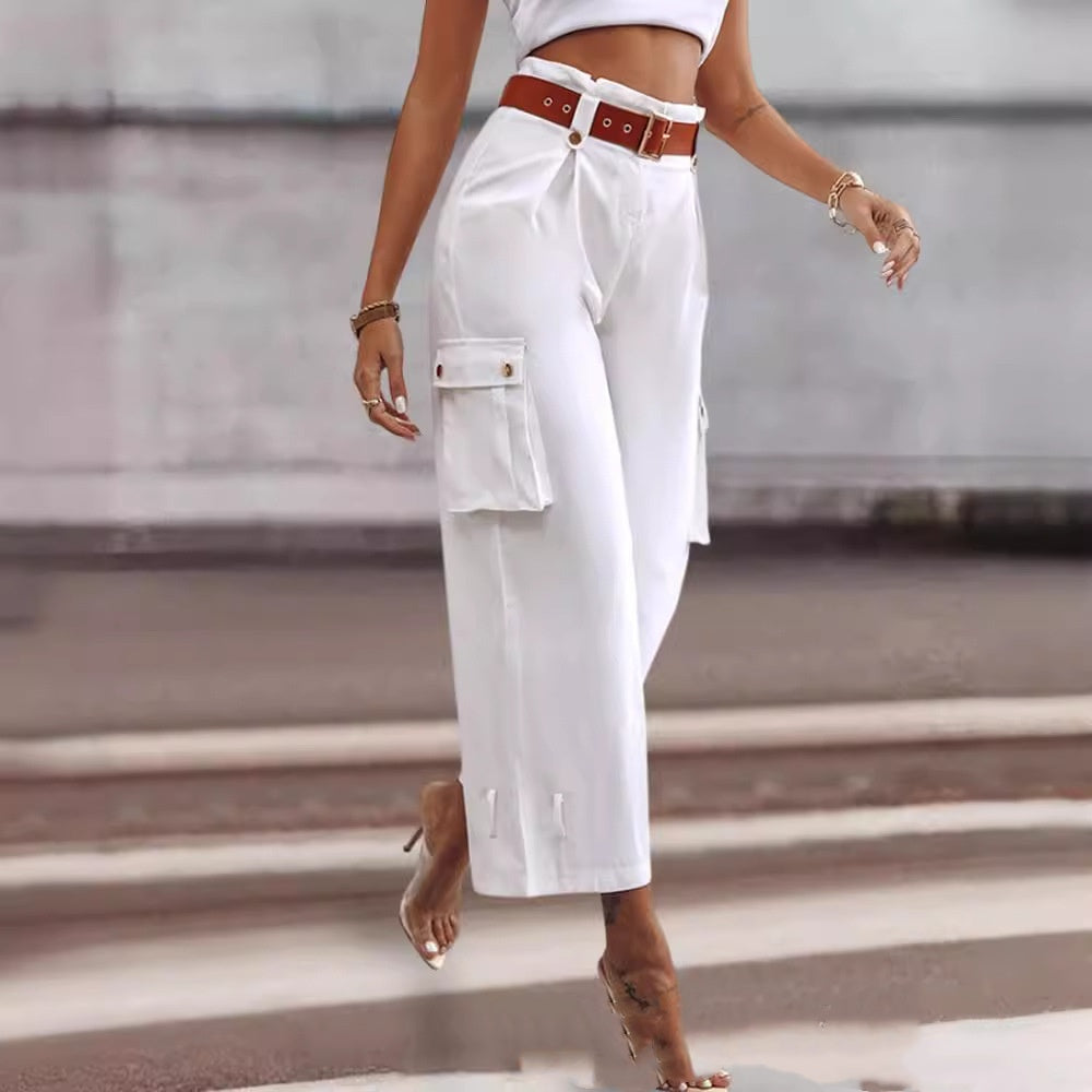 White wide-leg trousers with brown contrast belt and side cargo pocket