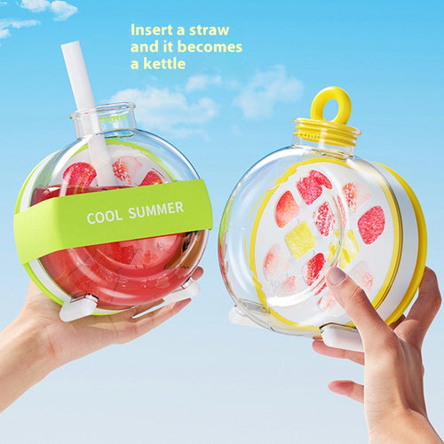 2-in-1 silicone ice cube tray and portable water bottle, clear with yellow straw and red ice cubes