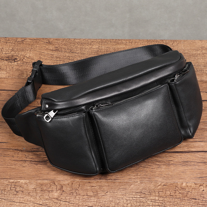 Black Genuine Leather Shoulder Bag Anti Theft Casual Messenger Bag Trendy Oversized Capacity For Travel
