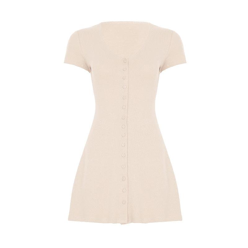 Beige short-sleeve mini A-line dress back view with button detail