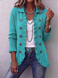Women’s ruffled knit cardigan, teal button front with decorative button rows