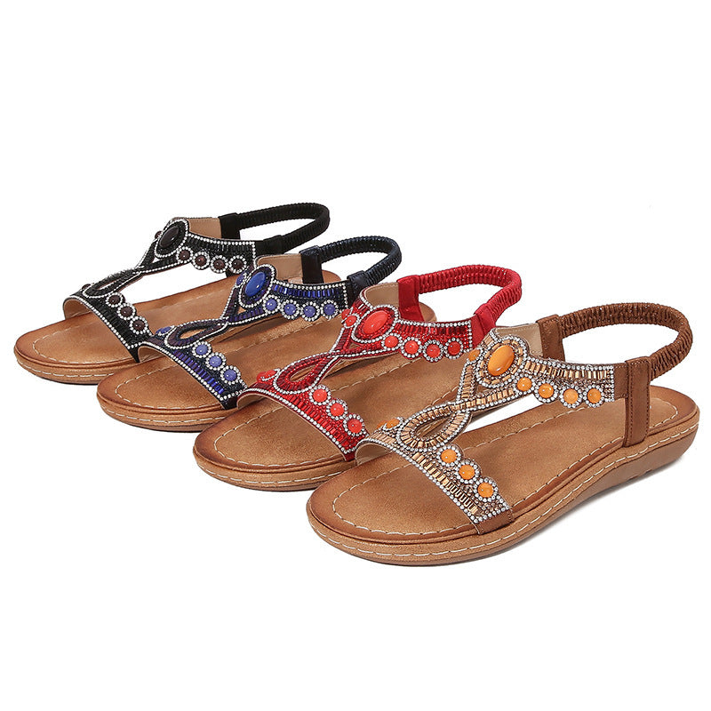 Frosted Bohemian Sandals - Women's Summer Rhinestone TPR Sole Shoes