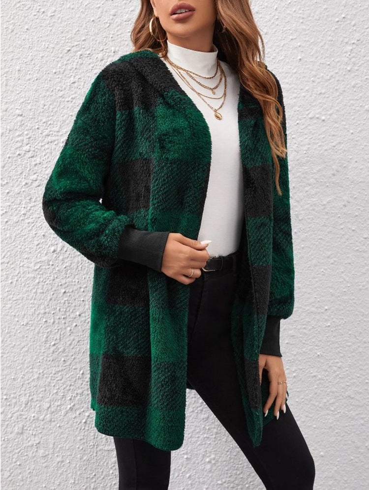 Green and black plaid knitted cardigan with open front and long sleeves