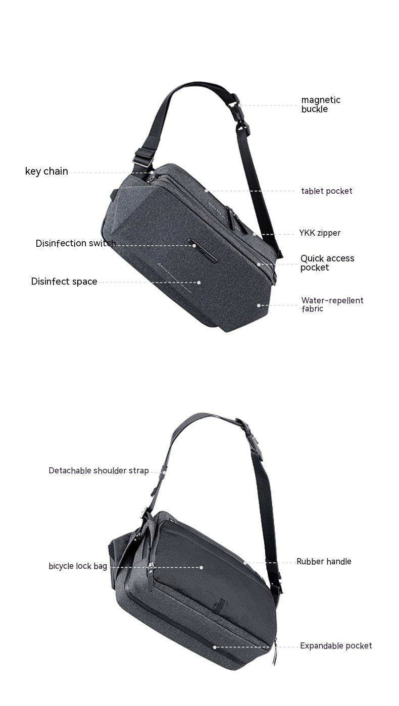 Multifunctional UV Sterilization Shoulder Bag For Business Travel Polyester Dark Gray Soft Surface Sandwich Pocket