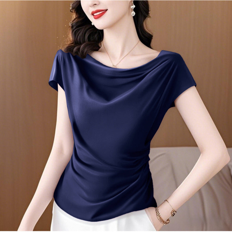 Women's Acetate Satin Pile Collar Short Sleeve T-Shirt - Waist Control