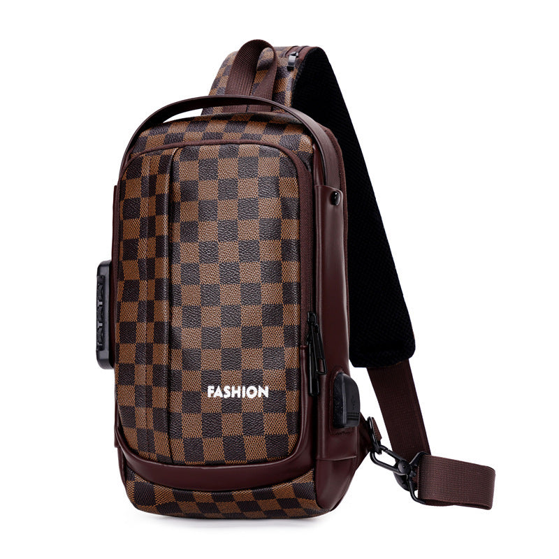 Mens Chest Bag Password Lock USB Interface Waterproof Anti Theft PU Leather Plaid Messenger Bag Travel