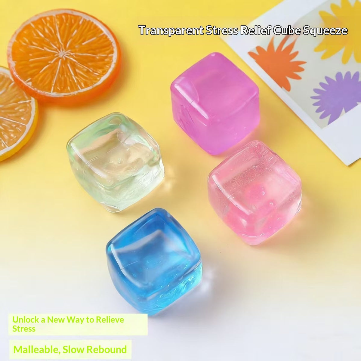 Transparent water-cube stress-relief squishy toys in pink, purple, blue, and clear