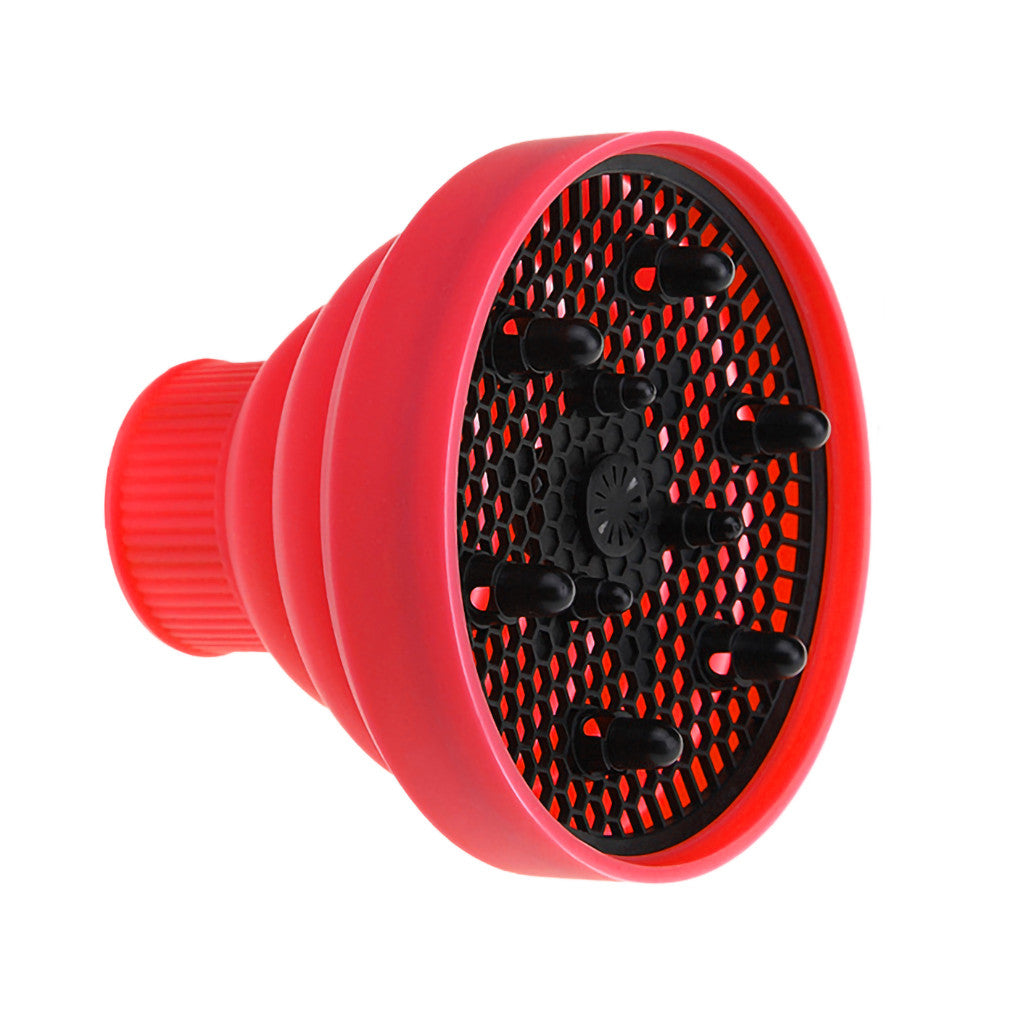 Red silicone folding hair diffuser with black hex mesh and ribbed grip