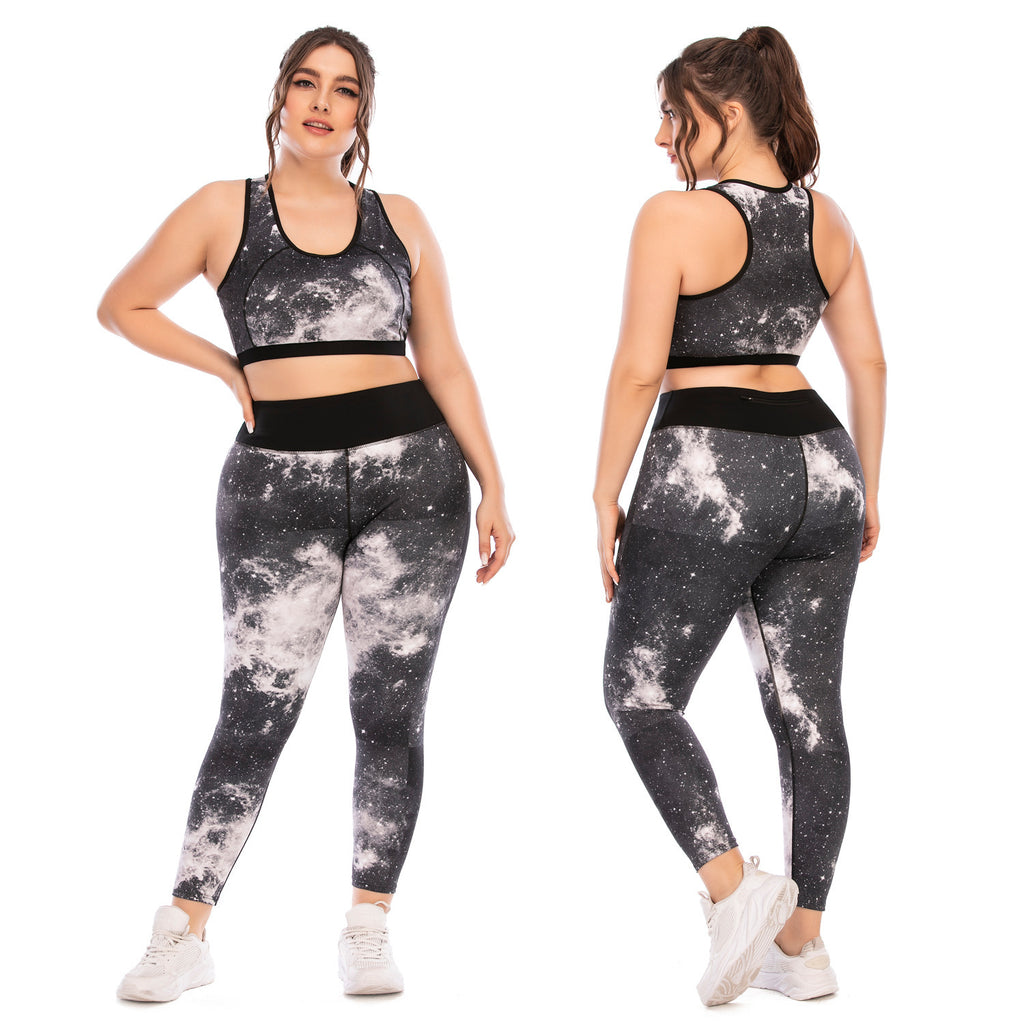 Plus Size Workout Set Yoga Clothes Print Gray Polyester Tight Fitting Pants And Sports Bra